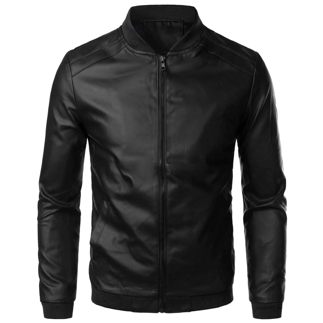 Black men's leather bomber jacket with zipper front, ribbed collar and cuffs on white background
