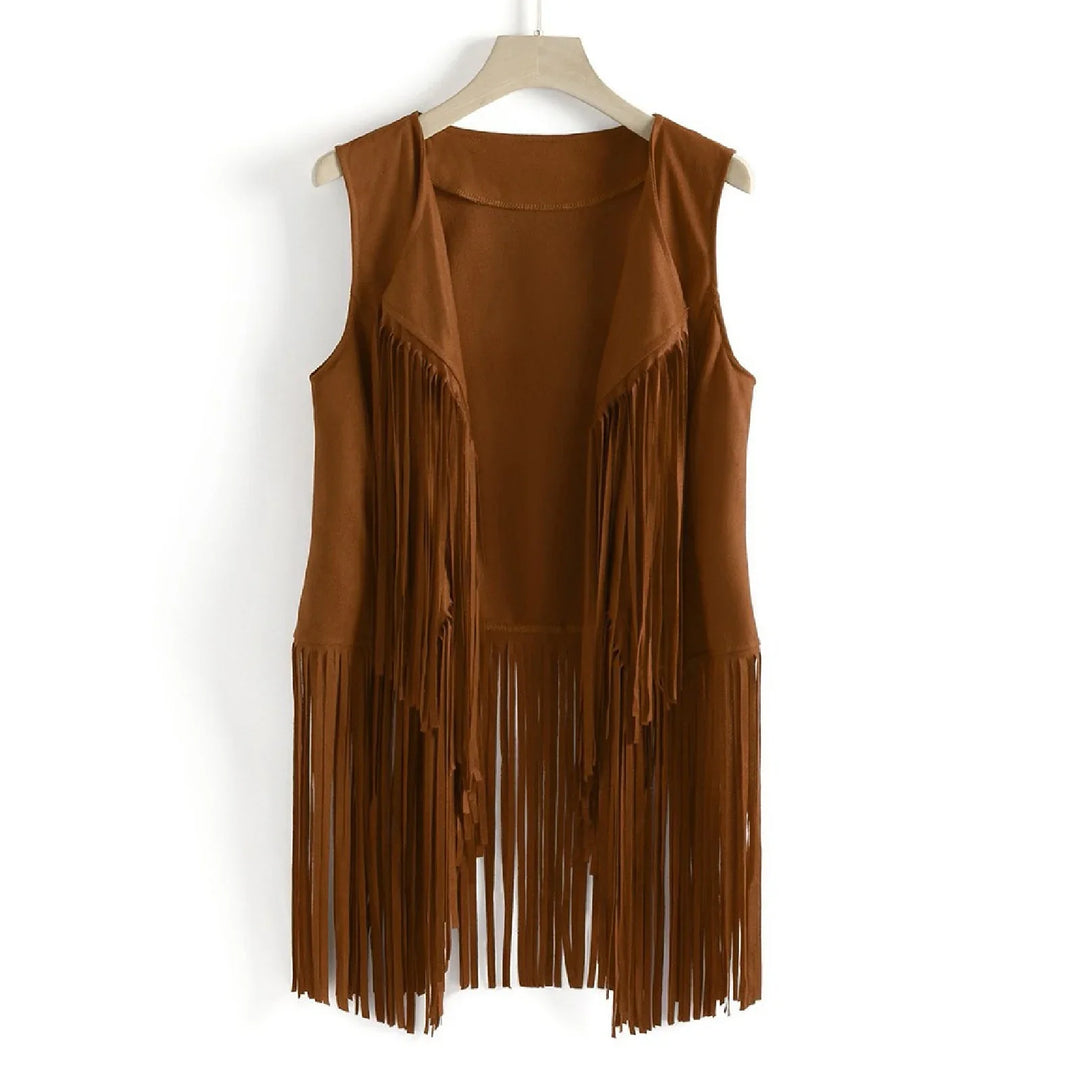 Brown sleeveless suede vest with long fringe detailing on front and hem