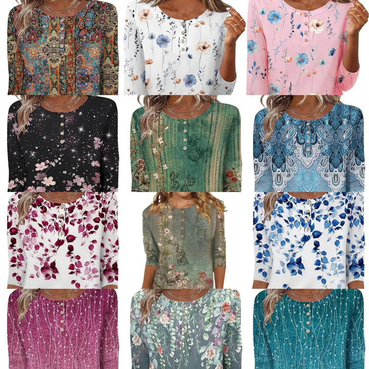 Grid of 12 women's floral pattern long-sleeve tops with buttons in various colors and designs