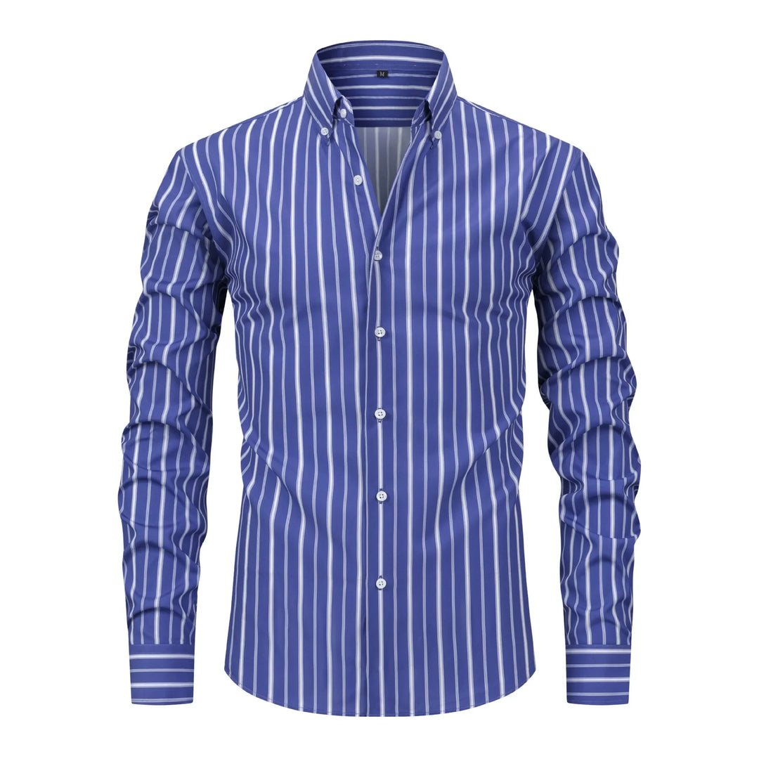 Blue men's button-up shirt with vertical white stripes and long sleeves on white background
