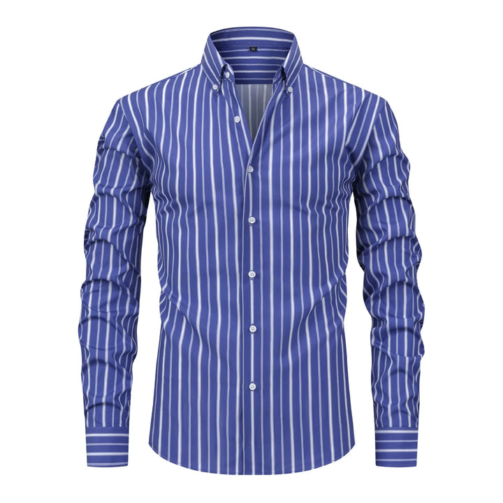 Blue men's button-up shirt with vertical white stripes and long sleeves on white background