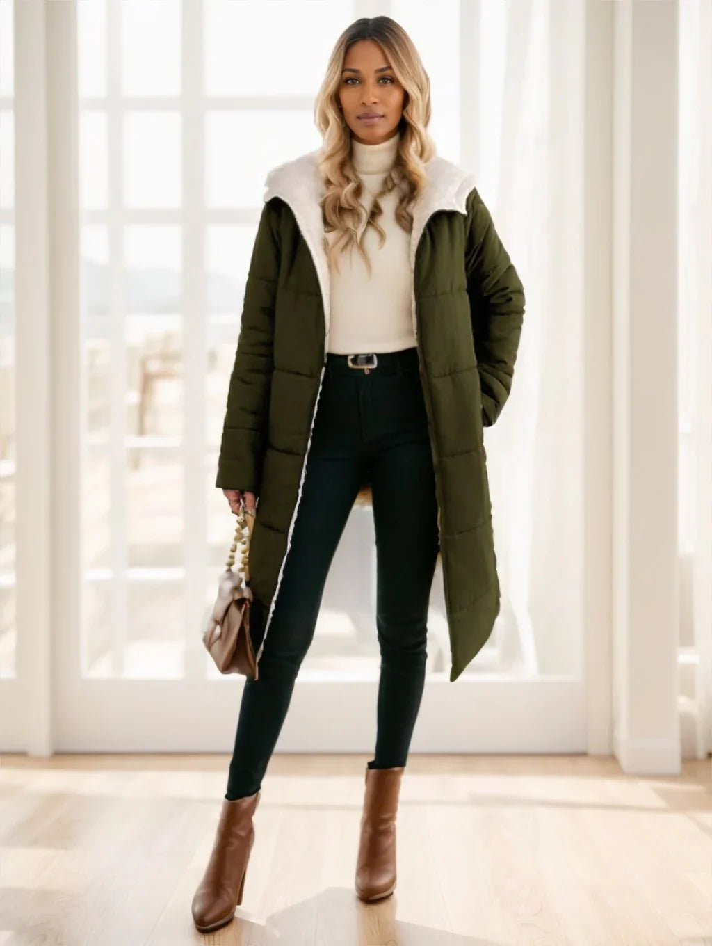 Woman wearing long olive green puffer coat with white shearling lining, black pants, tan ankle boots, and holding brown handbag