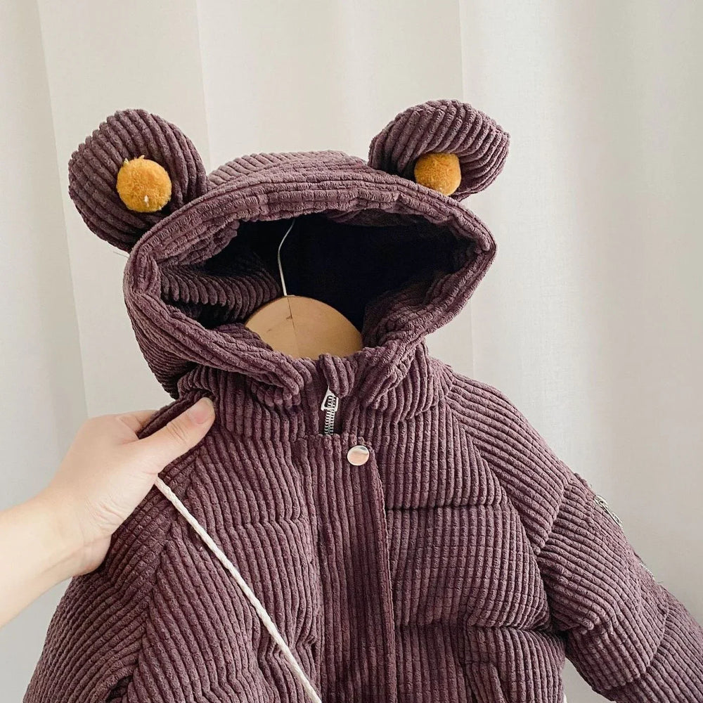 Corduroy brown toddler jacket with hood featuring cute bear ears and yellow pom-poms