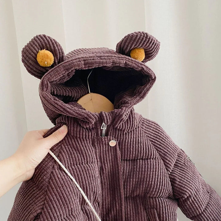 Corduroy brown toddler jacket with hood featuring cute bear ears and yellow pom-poms