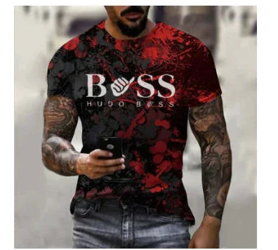 muscular man wearing black and red Hugo Boss t-shirt with graphic design and holding smartphone