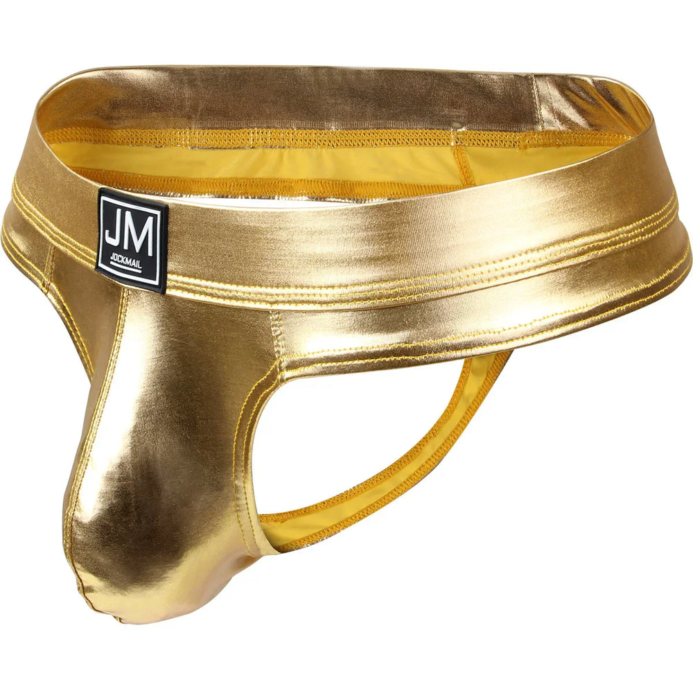 Shiny gold metallic men's jockstrap underwear with JM Jockmail logo patch