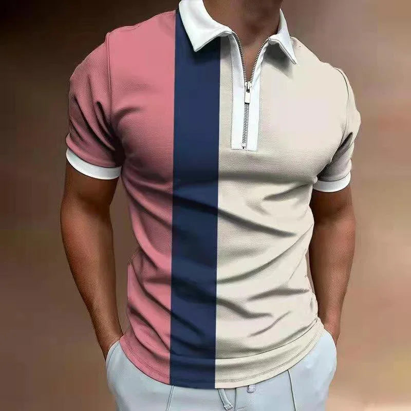 Men's short sleeve polo shirt with pink, navy blue, and beige vertical stripes and front zipper