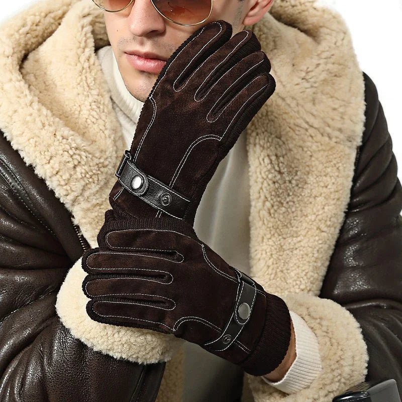 Man wearing brown suede winter gloves with black leather straps and shearling aviator jacket