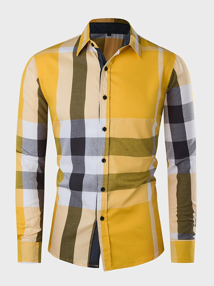 Men's yellow and white plaid long sleeve button-up shirt with black buttons