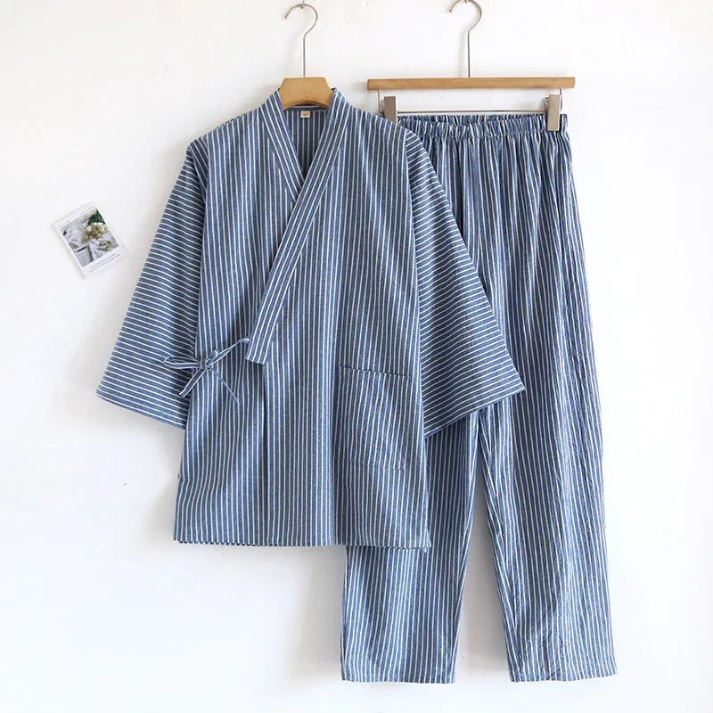 blue and white striped cotton kimono-style top and elastic waist pants loungewear set on hangers