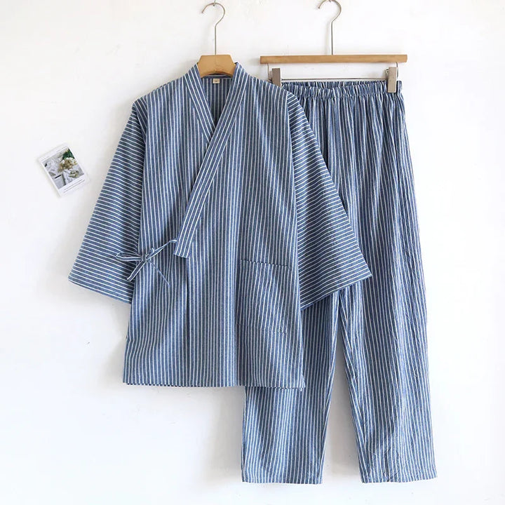 blue and white striped cotton kimono-style top and elastic waist pants loungewear set on hangers