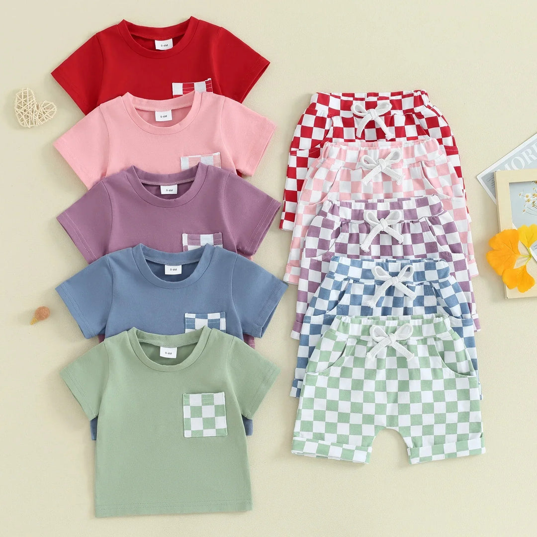 Colorful baby clothes set with solid t-shirts and checkered shorts in different pastel and vibrant colors