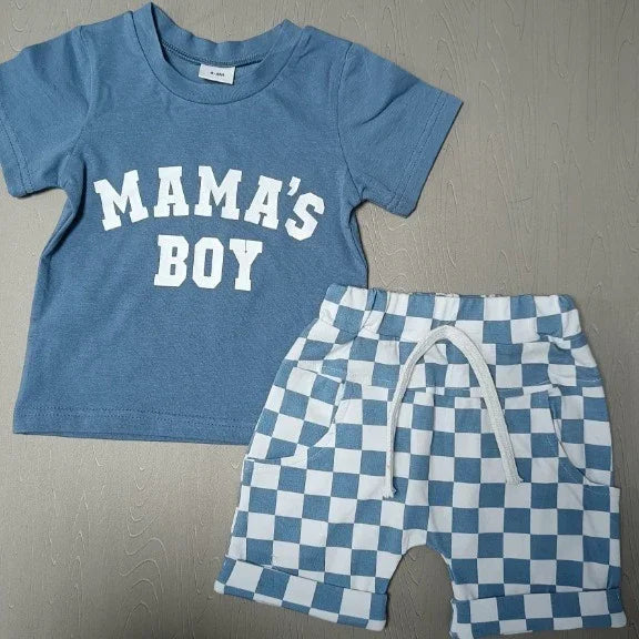 Blue toddler t-shirt with 'MAMA'S BOY' text paired with blue and white checkered shorts