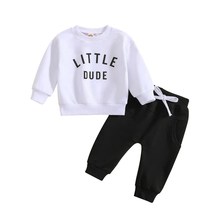 White toddler sweatshirt with "Little Dude" text and black sweatpants with drawstring