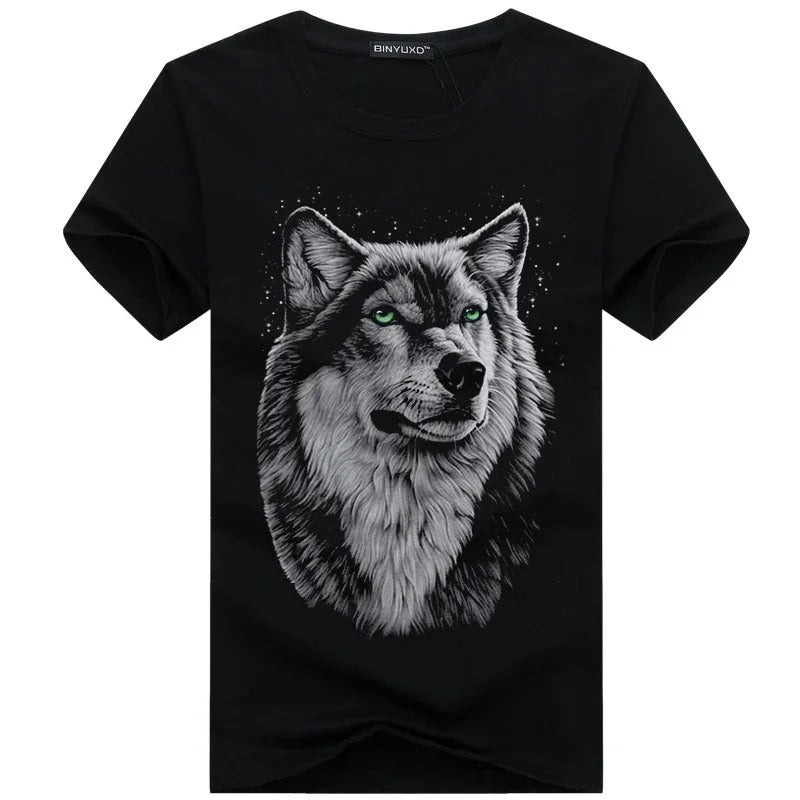 Black t-shirt with detailed gray wolf head and green eyes graphic design