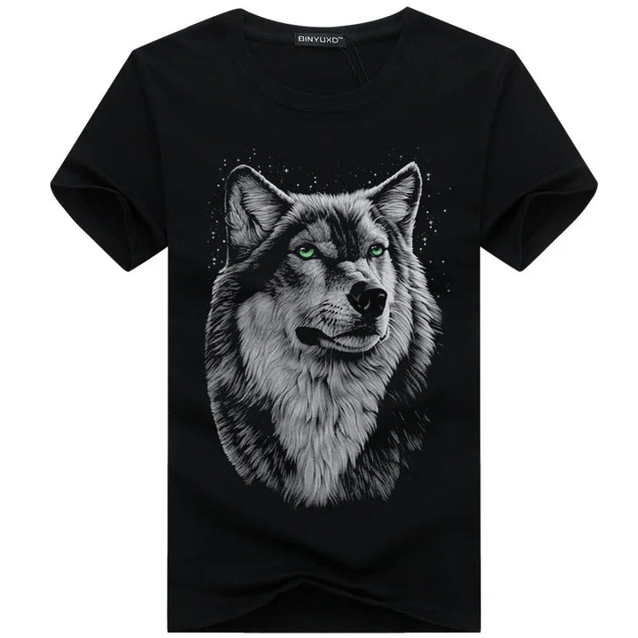 Black t-shirt with detailed gray wolf head and green eyes graphic design