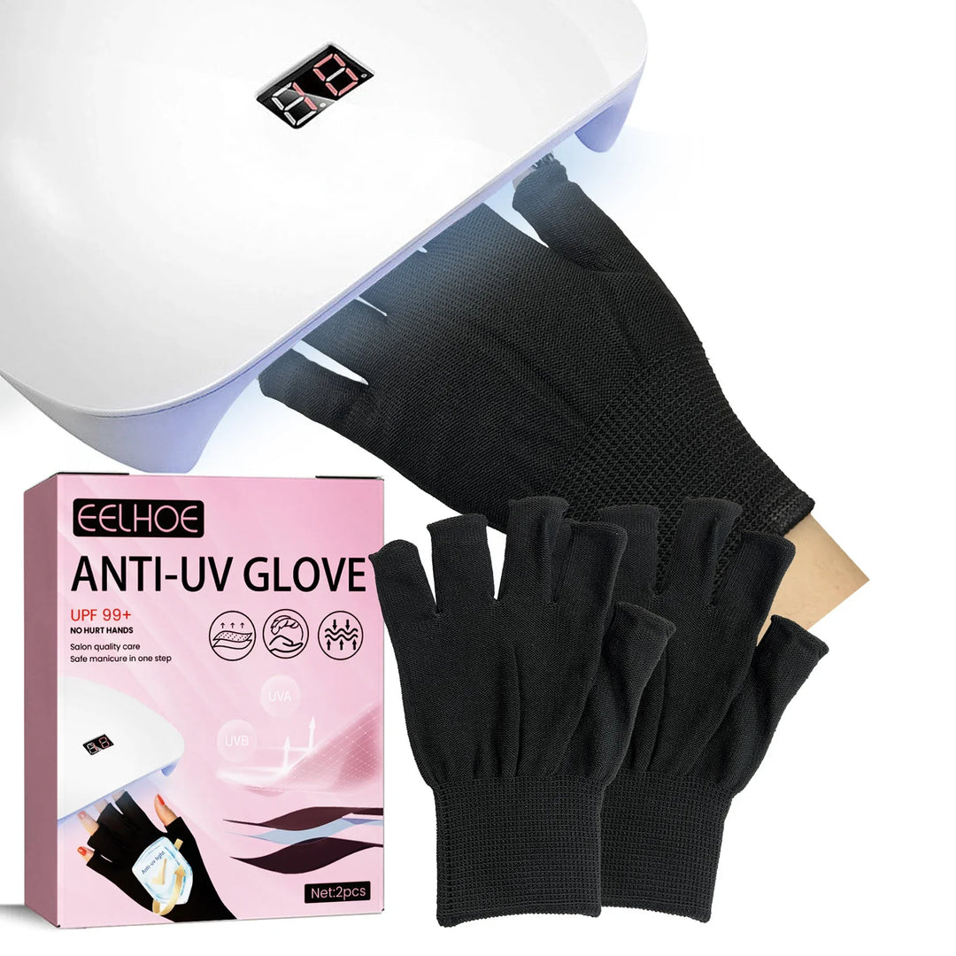 Black anti-UV gloves beside pink Eelhoe box, hand under UV nail lamp, manicure care