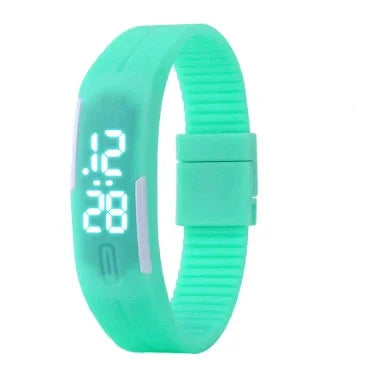 turquoise digital LED sports wristband with adjustable silicone strap showing time 12:28