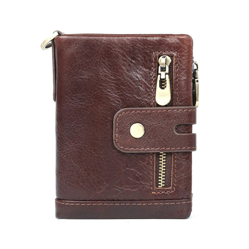 Brown leather wallet with snap button strap and vertical brass zipper on front