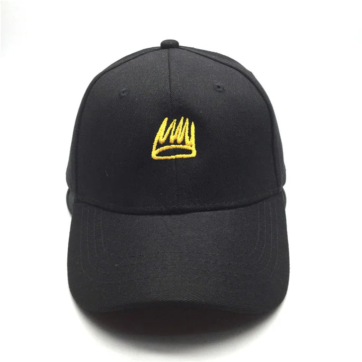 Black baseball cap with yellow embroidered crown logo on front