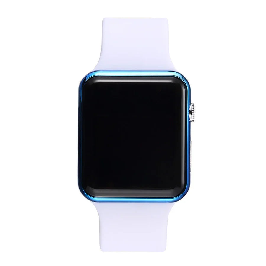 Smartwatch with black screen, metallic blue frame, and white silicone band on white background