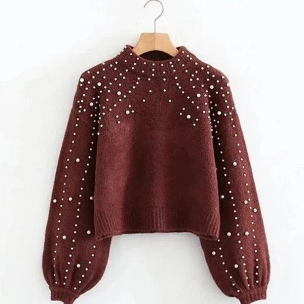 Burgundy knitted sweater with pearl embellishments on shoulders and sleeves, balloon cuffs
