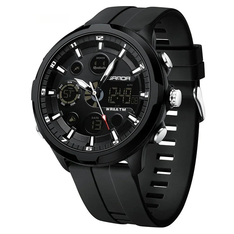 Black SAMDA men's sports watch with analog and digital display, rubber strap, and water resistance