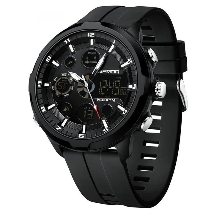 Black SAMDA men's sports watch with analog and digital display, rubber strap, and water resistance