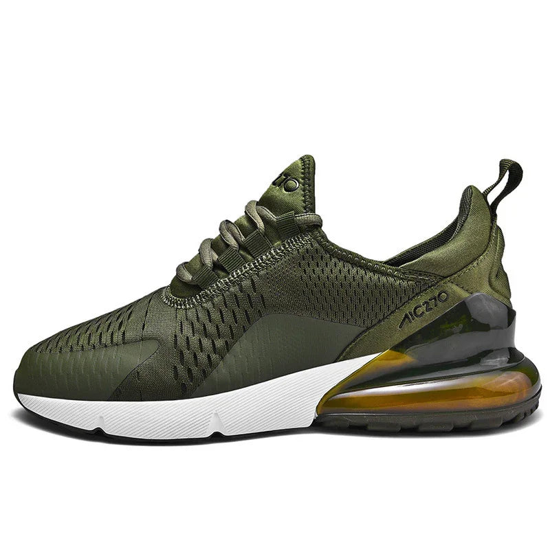 Olive green Nike Air Max 270 sneaker with white sole and transparent orange heel air unit