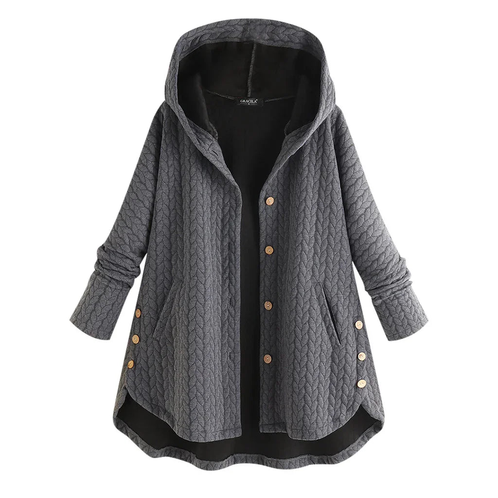 Gray hooded knit cardigan with wooden buttons and side pockets, cozy autumn sweater
