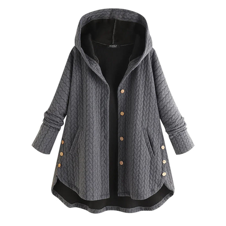 Gray hooded knit cardigan with wooden buttons and side pockets, cozy autumn sweater