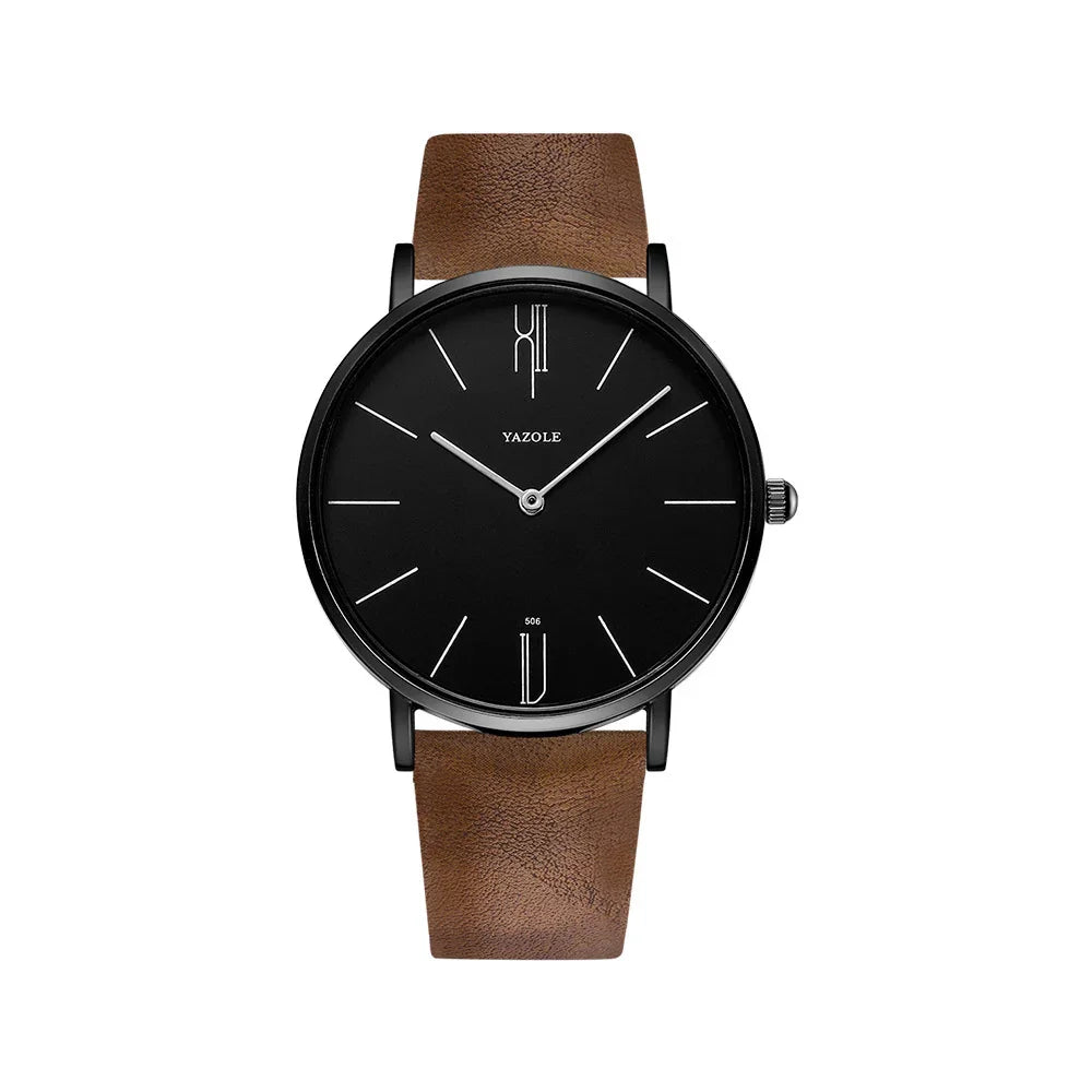 Minimalist Yazole wristwatch with black dial, silver hands, and brown leather strap