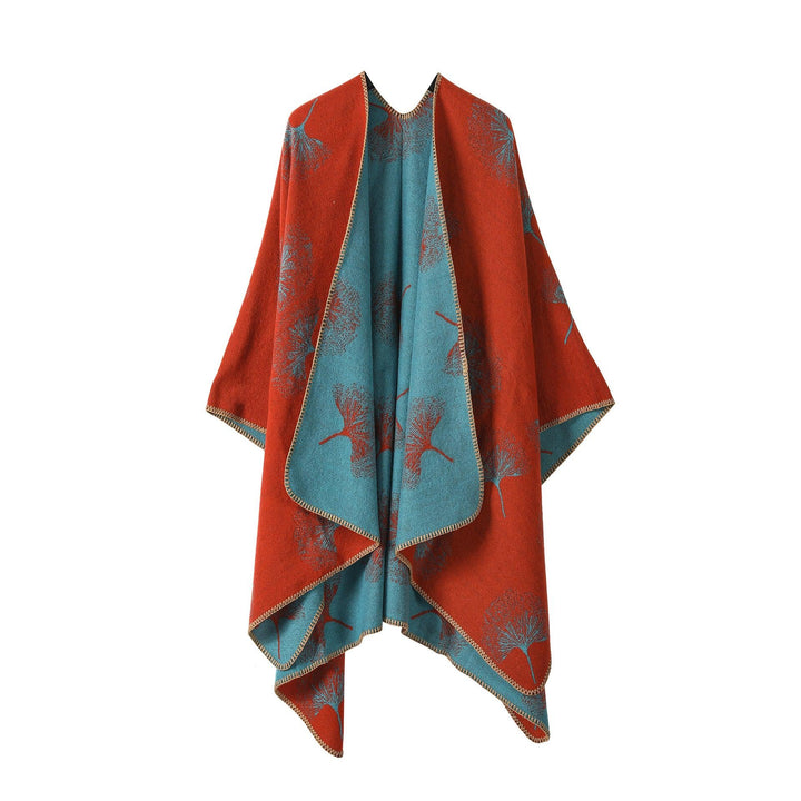 Reversible red and teal shawl with botanical print and stitched edges