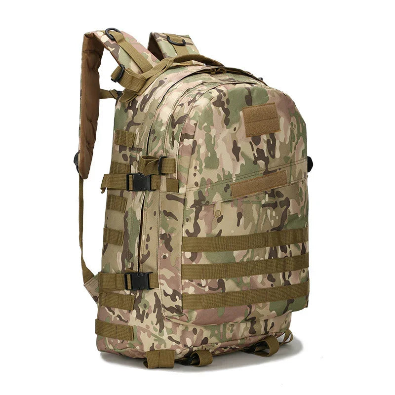 Compact tactical backpack in multicam camouflage with adjustable straps and MOLLE webbing
