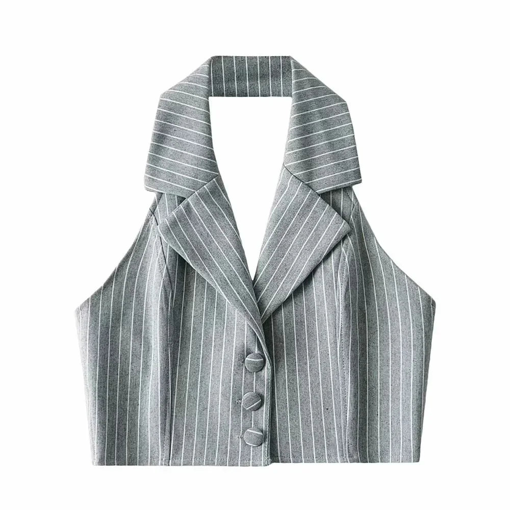 Gray pinstripe halter neck cropped vest with lapel collar and three covered buttons