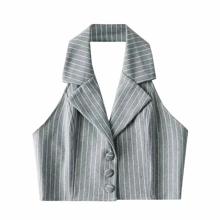 Gray pinstripe halter neck cropped vest with lapel collar and three covered buttons