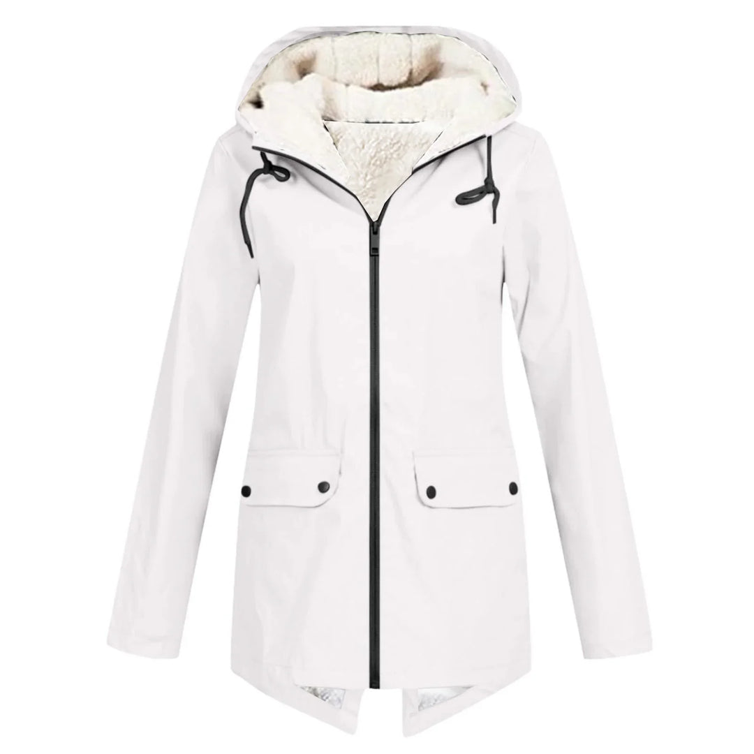 White winter jacket with black zipper, pockets, hood, and plush fleece lining