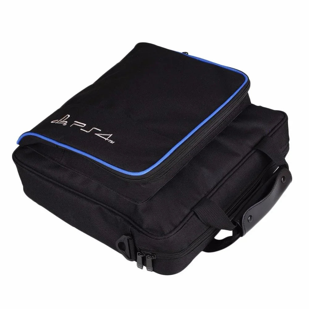 Black PS4 carrying case with blue trim and zippered compartments, portable gaming console bag