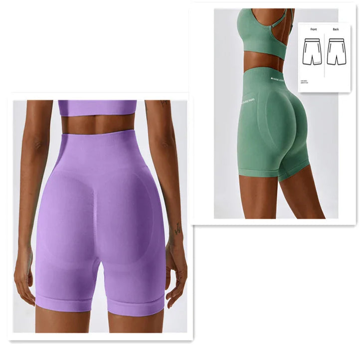 Women wearing seamless high-waisted scrunch butt shorts in purple and green, back view