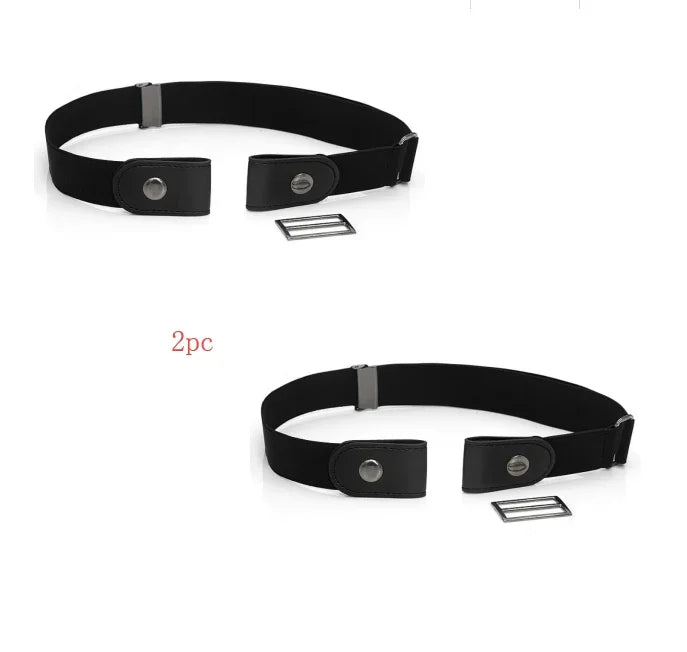 Two black elastic no-buckle belts with metal snap buttons and adjustable sliders