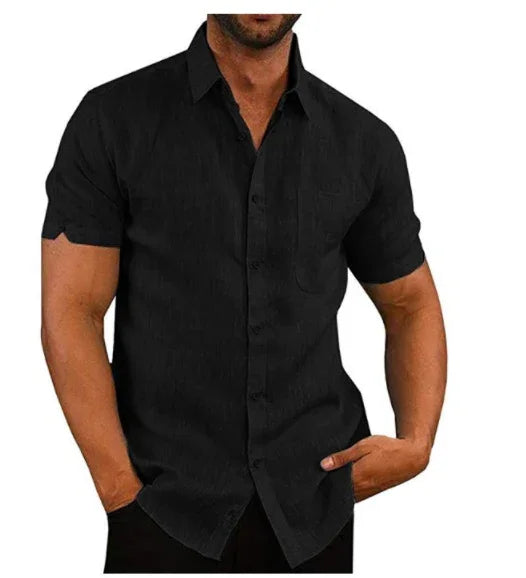 Men's short sleeve black button-up shirt with collar and chest pocket, casual fit