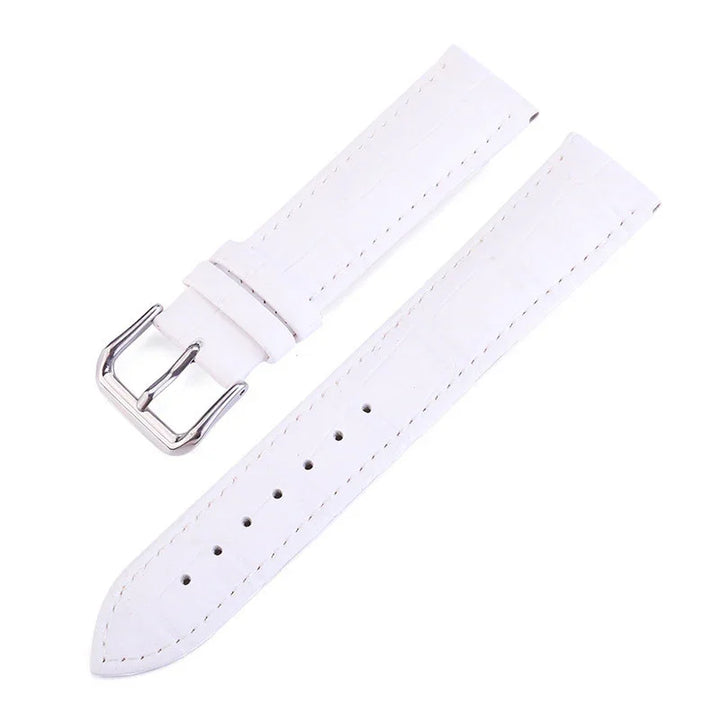 White leather watch strap with silver buckle and stitched edges
