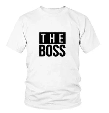 White T-shirt with bold black text 'THE BOSS' printed on the front