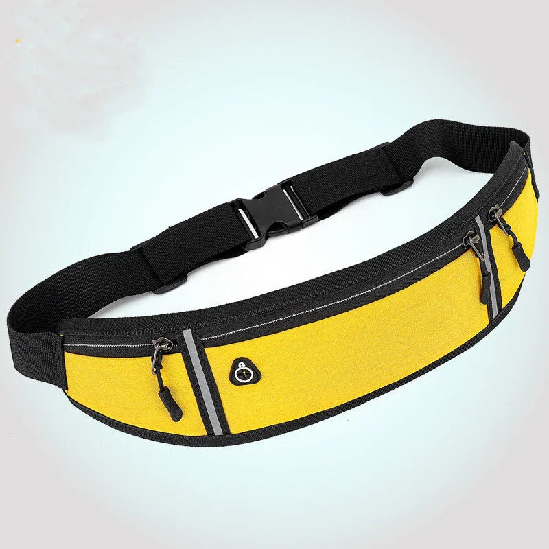 Yellow and black waist belt bag with multiple zippered compartments and adjustable strap