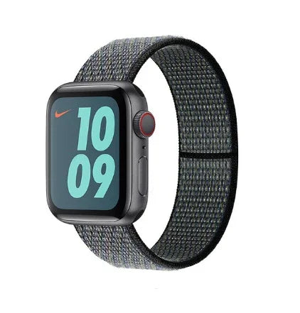 Apple Watch Nike edition with dark woven sport loop band and digital time display