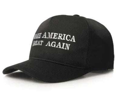Black baseball cap with white embroidered text 'MAKE AMERICA GREAT AGAIN'