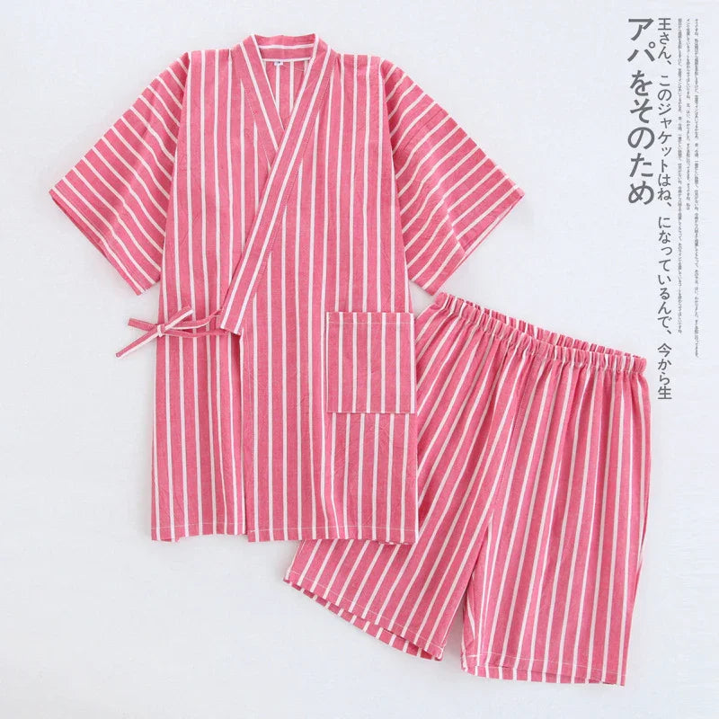 Pink and white striped traditional Japanese cotton summer pajamas with short sleeves and shorts
