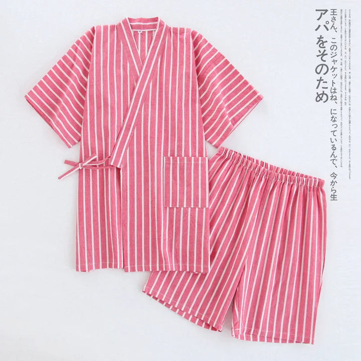 Pink and white striped traditional Japanese cotton summer pajamas with short sleeves and shorts