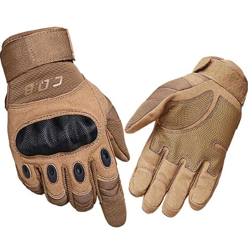 Pair of tan tactical gloves with knuckle protection and adjustable wrist straps