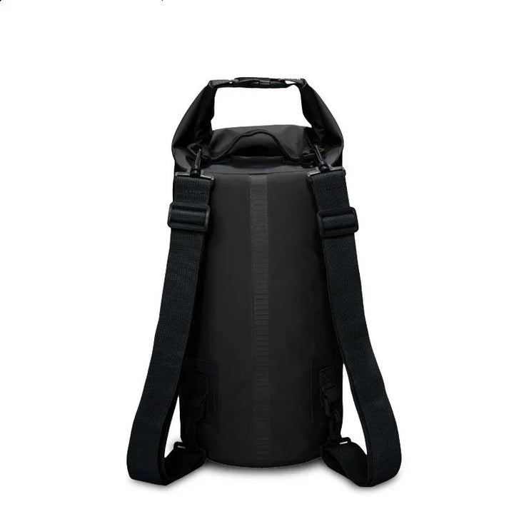 Black waterproof backpack dry bag with roll-top closure and adjustable shoulder straps